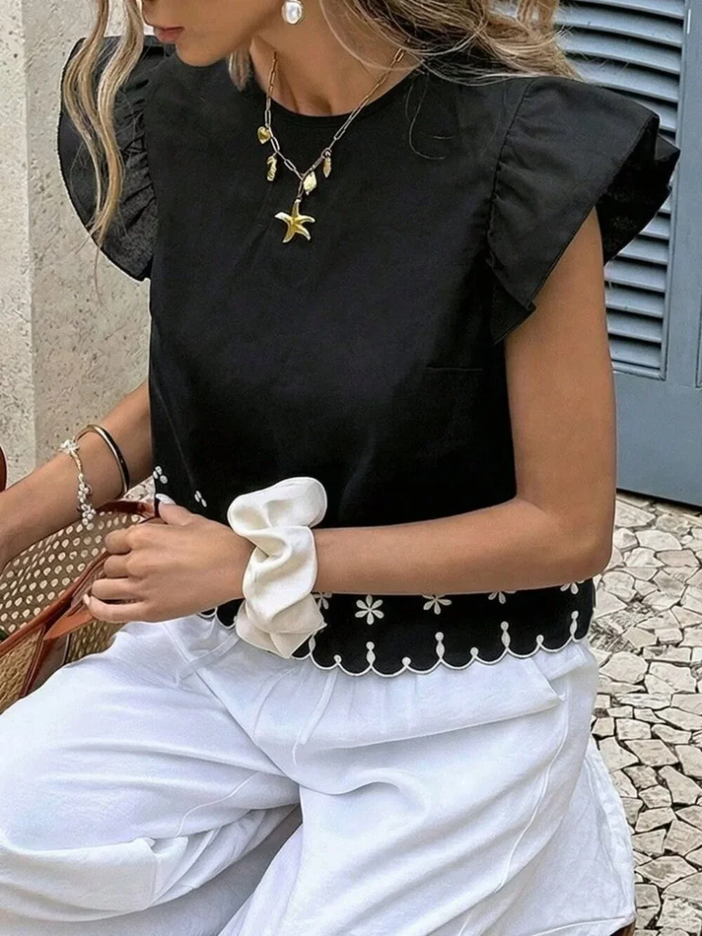 Black Casual Women's Ruffle Armhole Embroidered Shell Trim Loose Blouse Top